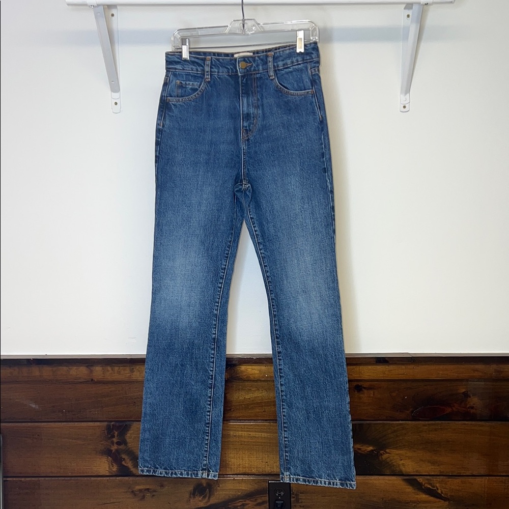 Sezane Dark Blue High Rise Straight Leg Denim Jeans with Gold Button-EU 38/ US 6